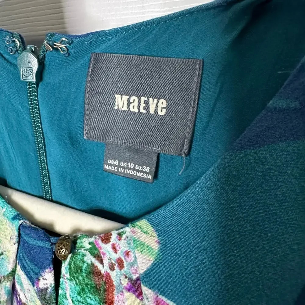 MAEVE Anthropologie Size 6 Teal Cold Shoulder Leaf Floral Print Dress - Picture 2 of 6